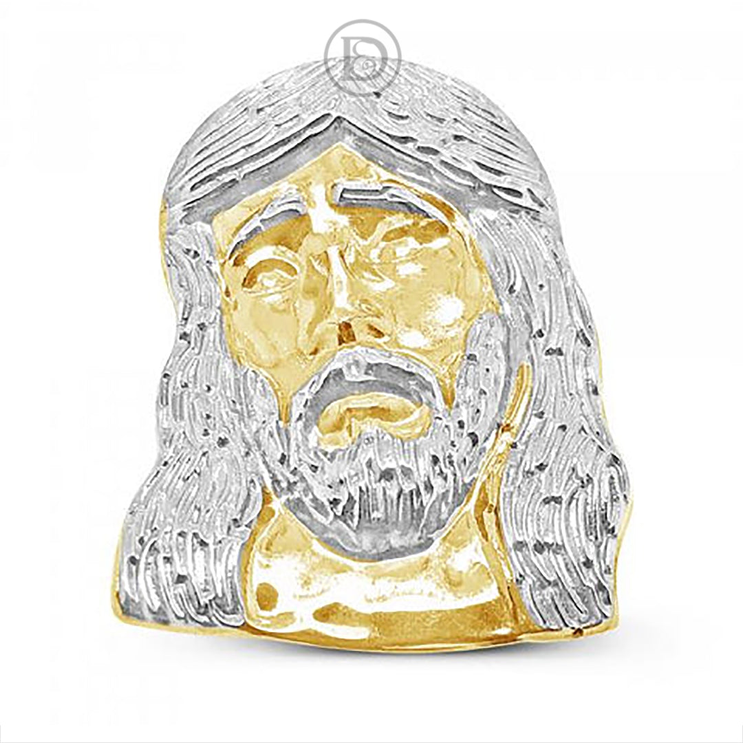 Jesus Head Textured Two-Tone CZ Ring Solid 10K Yellow Gold